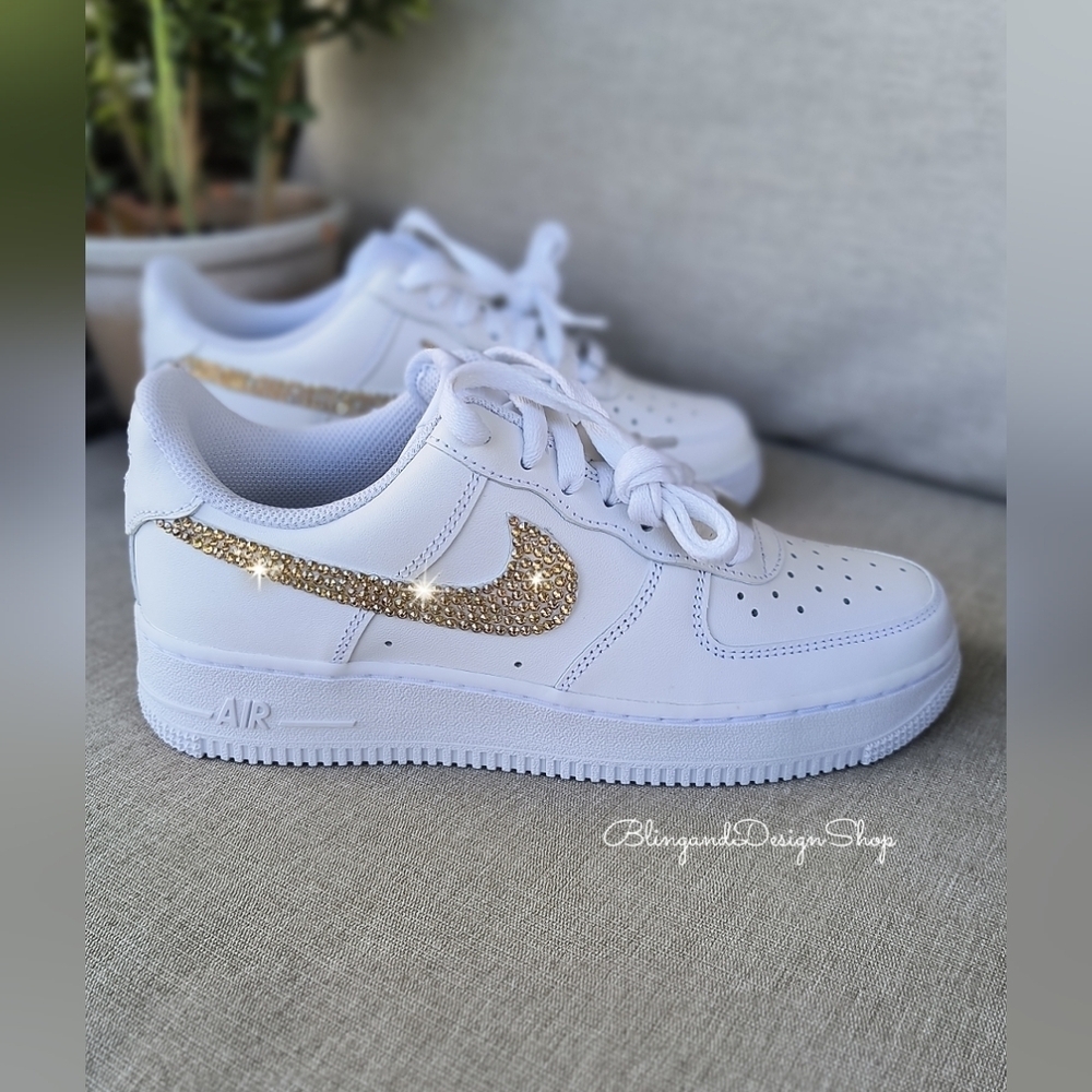 Women's Air Force 1 07 White Sneakers made with Gold Swarovski Crystals - Picture 2 of 8